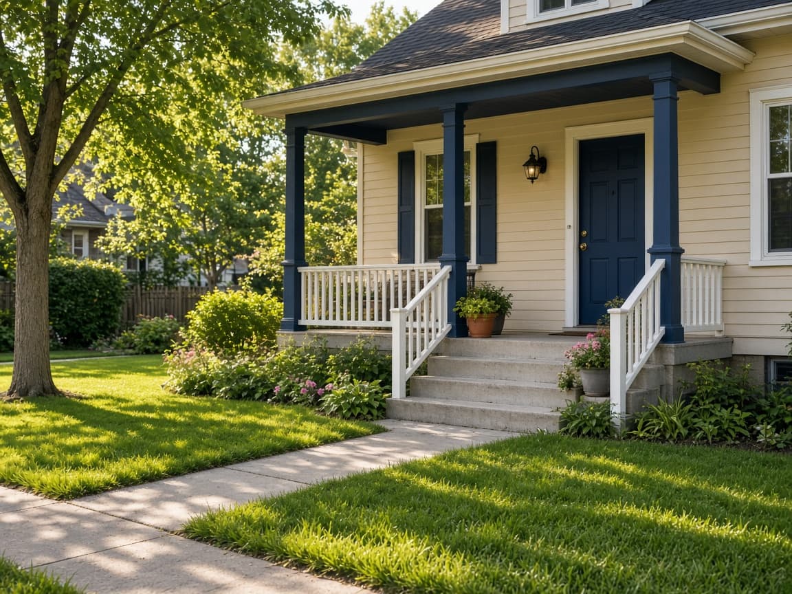 A sunlit neighborhood street with modest homes, suggesting local help close to home.